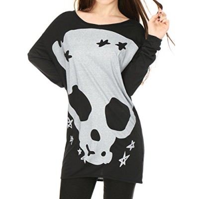 Allegra K Women Long Sleeve Skull T Shirts Loose Blouses Long Tunic Tops, Black, Large / US 14