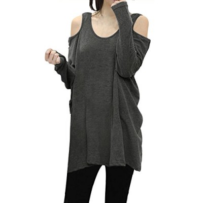 Allegra K Women Scoop Neck Long Sleeve Cut Out Shoulders Autumn Tunics Gray M