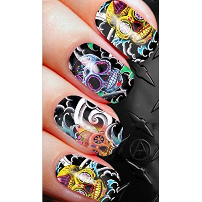 NAIL ART SET A SHEET OF WATER NAIL TRANSFERS SUGAR SKULLS d67 FOR FULL HOLLYWOOD NAILS!