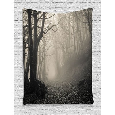 Ambesonne Gothic Decor Collection, Path on the Gothic Forest Trees Foggy Mysterious Nature Monochrome Art, Bedroom Living Room Dorm Wall Hanging Ta...