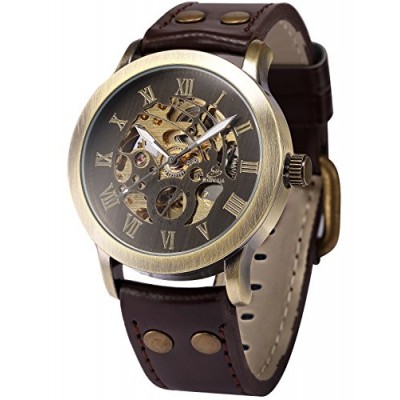 AMPM24 Men's Steampunk Bronze Skeleton Self-Winding Auto Mechanical Leather Wrist Wacth PMW198