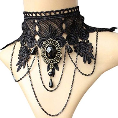 Aniwon Punk Style Wedding Party Black Lace Choker Beads Tassels Chain Pendant Necklace for Women