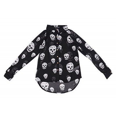 Sheer Chiffon Punk Skull Printed Long Sleeve Blouse,