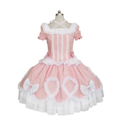 AvaLolita Cross Halter Square Neck Knee-length Aristocrat Gothic Lolita Dress -  Pink White