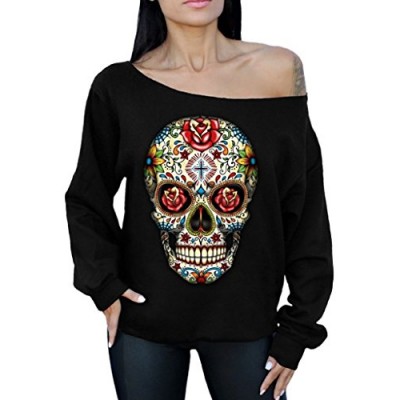 Awkwardstyles Rose Eyes Skull Off the Shoulder Oversized Sweatshirt Sugar Skull XL Black