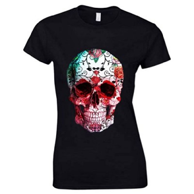 Women's Rose Flower Skull 1 T Shirt Black XXL