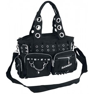 Banned Apparel Handcuff Black Canvas Silver Studded Vegan Gothic Handbag Banned Apparel Handcuff Black Canvas Silver Studded Vegan Gothic Handbag