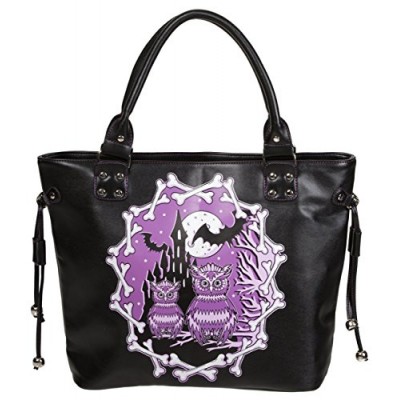 Banned Apparel Lost Queen Halloween Owls & Bats Purple Black Faux Leather Purse