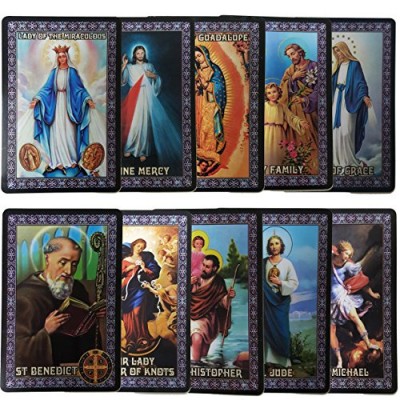 Catholic Set of 10 Holy Prayer Cards - New Plastic Material! St Benedict St Jude St Michael St Christopher Holy Family L of Guadalupe L of Miraculo...