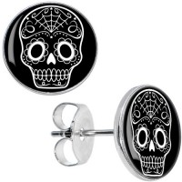 Body Candy Stainless Steel Black White Sugar Skull Art Stud Earrings