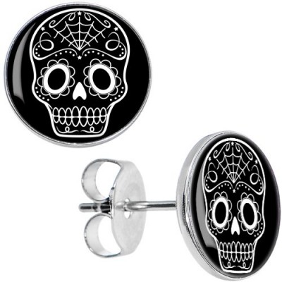 Body Candy Stainless Steel Black White Sugar Skull Art Stud Earrings