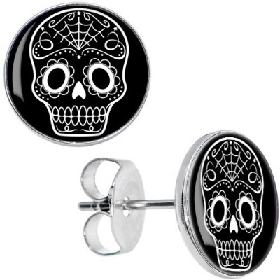 Body Candy Stainless Steel Black White Sugar Skull Art Stud Earrings