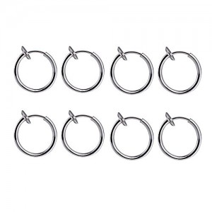 BODYA 4 Pair!8 of Surgical Steel Clip on Non-pierced Hoops Fake Nose Lip Ear Rings (13mm (1/2 Inch)) Piercing (Silver-8pcs)