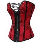 Camellias Brocade Pattern Lace Through Top Floral Overbust Corset Waist Cincher Bustier,SZ1913-Red-M