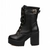 Carol Shoes Fashion Women's Lace-up Buckle Combat Platform Chunky High Heel Mid-calf Boots (10, Black)