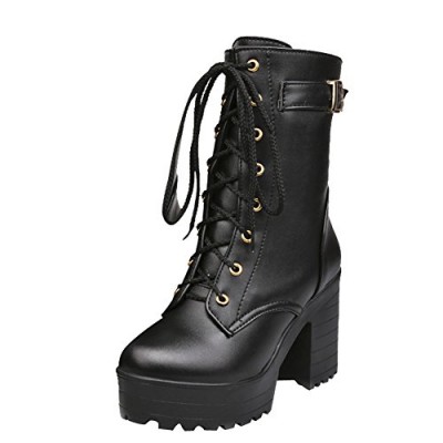 Carol Shoes Fashion Women's Lace-up Buckle Combat Platform Chunky High Heel Mid-calf Boots (10, Black)