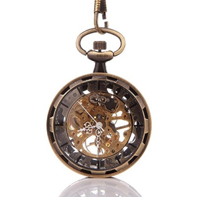 Carrie Hughes Vintage Steampunk Open face Skeleton Mechanical Pocket watch with Chain for Men Woman (Bronze)