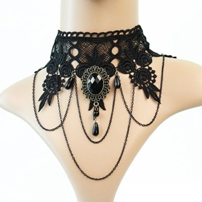 Charm.L Grace Black Flower Lace Gothic Lolita Beads Pendant Choker Necklace Wedding Halloween Accessories