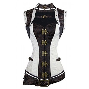 Charmian Women's Plus Size Spiral Steel Boned Renaissance Vintage Steampunk Bustier Corset Top with Jacket and Belt Brown-White XXXXX-Large