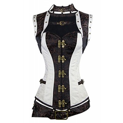 Charmian Women's Plus Size Spiral Steel Boned Renaissance Vintage Steampunk Bustier Corset Top with Jacket and Belt Brown-White XXXXX-Large