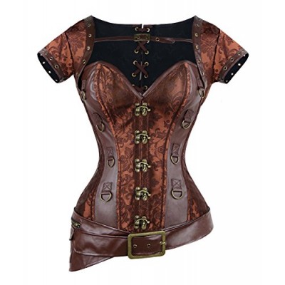 Charmian Women's Spiral Steel Boned Goth Retro Overbust Steampunk Bustier Corset Brown XXXX-Large