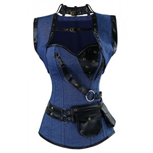 Charmian Women's Spiral Steel Boned Steampunk Gothic Vintage Denim Corset with Jacket and Belt Blue Medium Charmian Women's Spiral Steel Boned Steampunk Gothic Vintage Denim Corset with Jacket and Belt Blue Medium