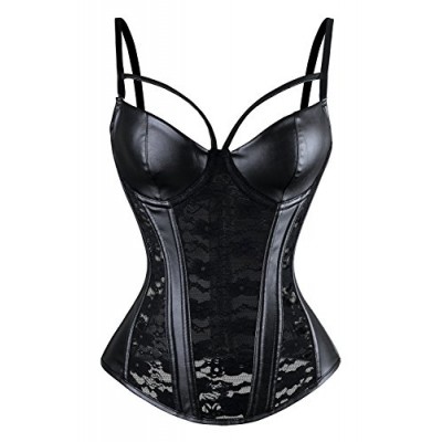 Charmian Women's Steampunk Gothic Black Lace Corset Bustier Faux Leather Plus Size Bra Lingerie Black XXXXXX-Large