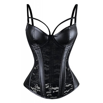 Charmian Women's Steampunk Gothic Black Lace Corset Bustier Faux Leather Plus Size Bra Lingerie Black XXXXXX-Large