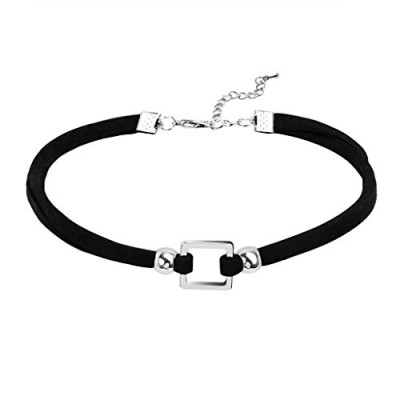 Daesar Womens Choker Necklace Stainless Steel Velvet Gothic Square Collar Chain Black Silver 32.8+5.8CM