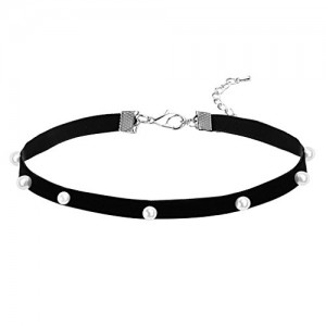 Daesar Womens Stainless Steel Gothic Velvet Choker Pearl Silver Black Choker Necklaces, 34+6.5CM Daesar Womens Stainless Steel Gothic Velvet Choker Pearl Silver Black Choker Necklaces, 34+6.5CM