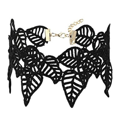 Daesar Womens Stainless Steel Leaf Pattern Lace Gothic Choker Gold Black Choker Necklaces, 32.7+7CM