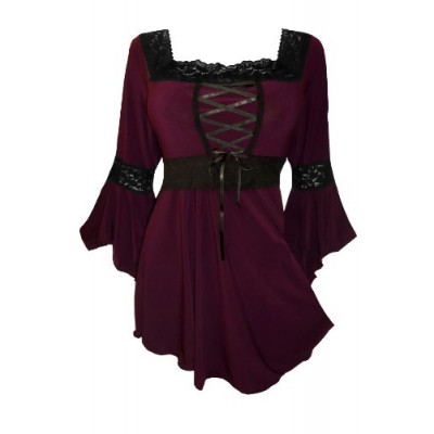 Dare to Wear Victorian Gothic Peasant Plus Size Women's Plus Size Renaissance Corset Top, Burgundy 1x