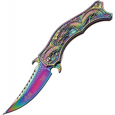Dark Side Ballistics DS-A019RB-MC DS-A019RB Spring Assist Folding Knife, Rainbow with Dragon Scale Detail Blade, Rainbow Handle, 4.5" Closed