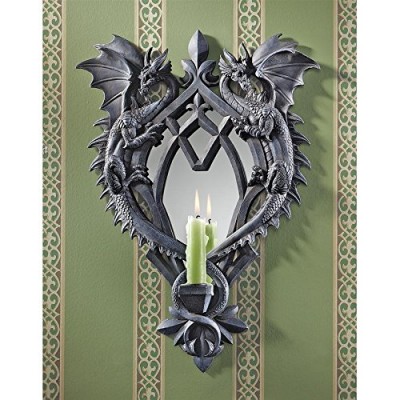 Design Toscano Double Trouble Gothic Dragon Mirrored Wall Sculpture, 17 Inch, Polyresin, Grey Stone
