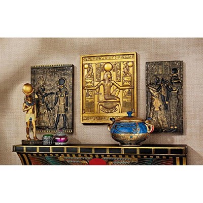 Design Toscano Egyptian Temple Steles Tutankhamen Isis and Horus Wall Sculpture Plaques Polyresin, Set of 3, 10", Black/Gold