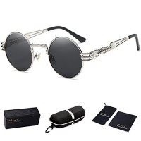 Dollger John Lennon Round Sunglasses Steampunk Metal Spring Frame Mirror Lens (Black Lens+ Silver Frame)