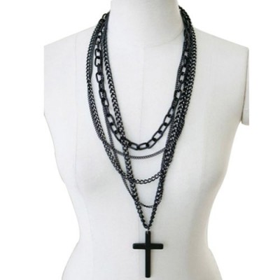 1Pcs Fashion Retro Multi-layer Chains Pendant Black Cross Metal Long Necklace