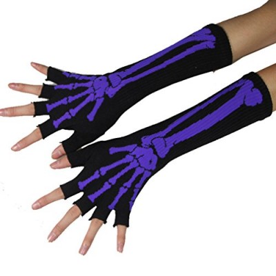 ECOSCO New Black Punk Gothic Dark Rock Skeleton Long Arm Warmer Fingerless Gloves (Hot Pink)