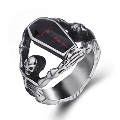 Elfasio Skull Rings for Men Stainless Steel Gothic Vampire Bloody Red Enamel Coffin Bike Jewelry Size 8