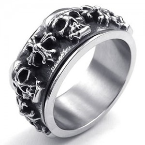 Stainless Steel Tribal Cross Skeleton Spinner Gothic Black Silver Ring
