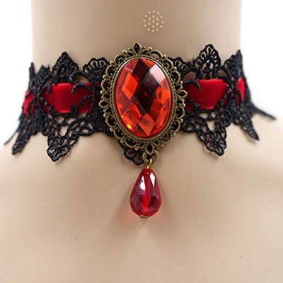 Eternity J. Retro Handmade Craft Lace Royal Court Vampire Choker Gothic Necklace Red Pendant Chain