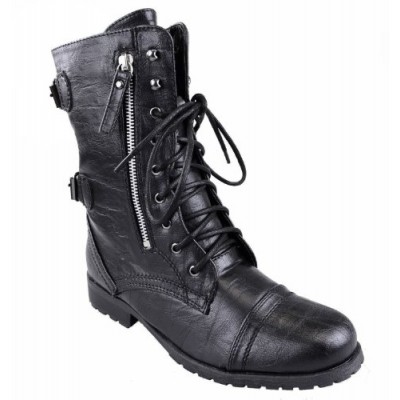 Fashion Thirsty Womens Army Combat Lace Up Zip Grunge Military Biker Trench Punk Goth Ankle Boots Shoes (UK 9, Black Faux Leather)