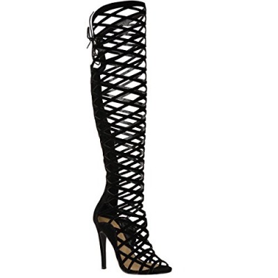 Fashion Thirsty Womens Cut Out Lace Knee High Heel Boots Gladiator Sandals Strappy Size 9