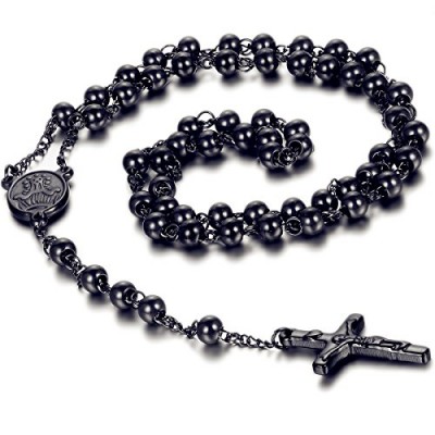 Flongo Men's Women's Vintage Stainless Steel 6mm Beads Black Jesus Christ Crucifix Cross Rosary Pendant Necklace, 30 inch