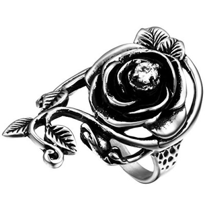 Flongo Womens Ladies Gothic Stainless Steel Rose Flower Vine Band Ring, Size 7