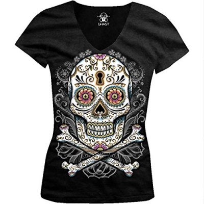 Floral Skull Ladies Junior Fit V-neck T-shirt, Liquid Blue Dia De Muertos Floral Sugar Skull Design Junior's V-Neck Tee (Black, Large)