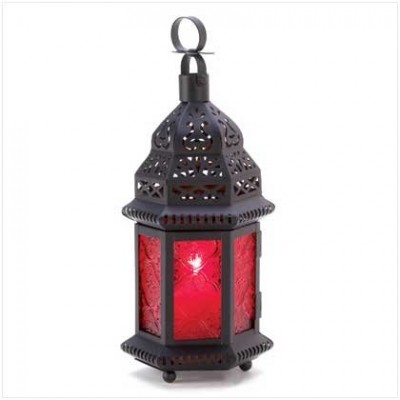 Gifts & Decor Red Glass Metal Moroccan Candle Holder Hanging Lantern