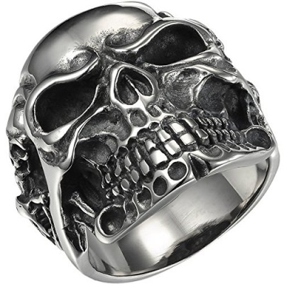 HooAMI Skull Bone Gothic Vintage Biker Stainless Steel Men's Ring Silver Black,Size 13