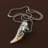 HZMAN Men's Real Teeth and Metal Tiger Pendant Necklace Silver Stainless Steel Chain