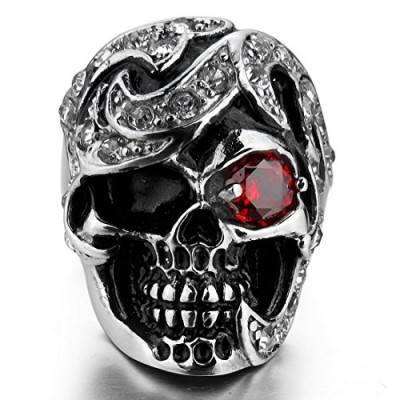 INBLUE Men's Stainless Steel Ring CZ Silver Tone Black Red Skull Size9